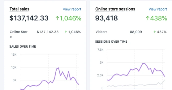 Shopify analytics: total sales $137,142.33, up 1,046%, and 93,418 online store sessions, up 438%